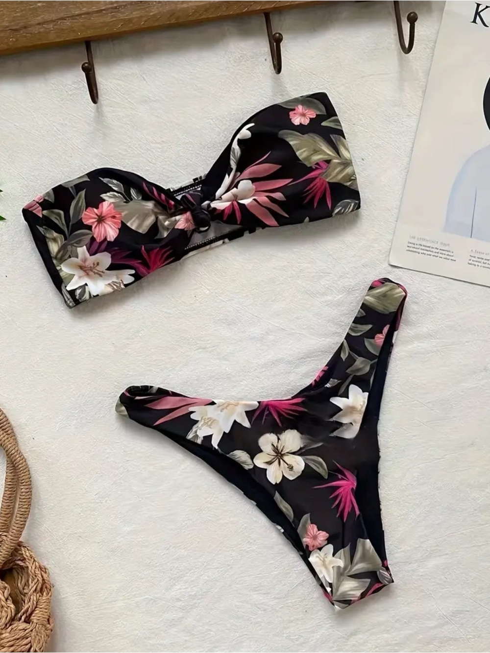 NEW Black Floral Bandeau Bikini Set with Removable Straps - Women's Swim Size M